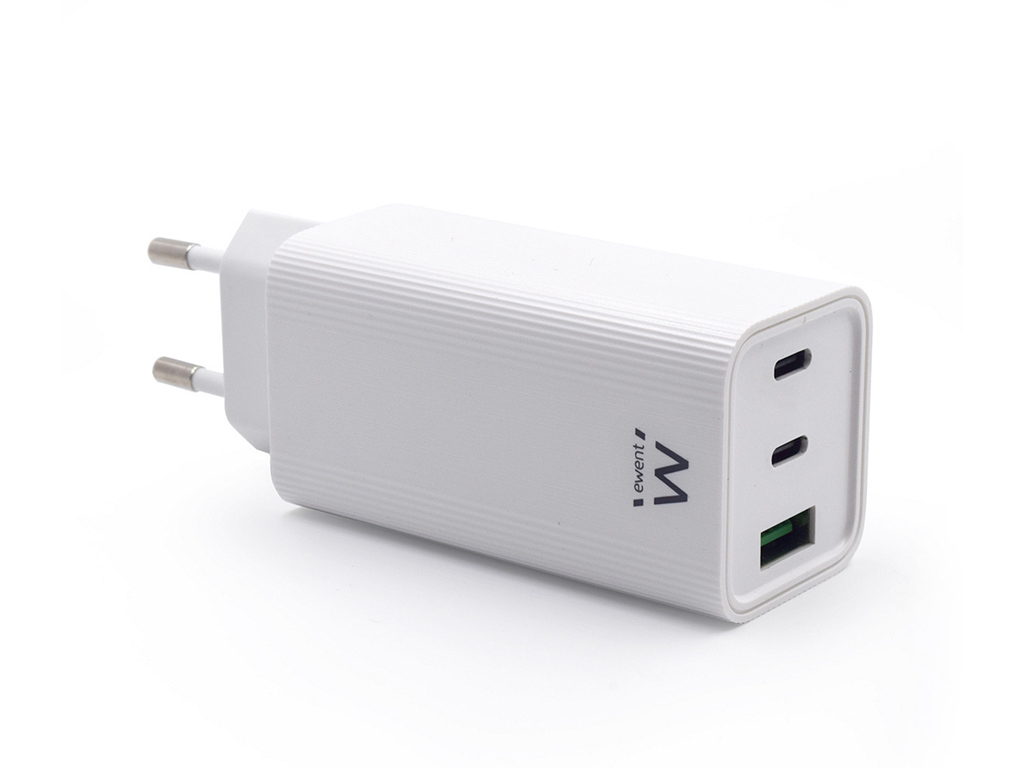 Stenski polnilec Ewent EW1323, GaN, 65W, 2x USB-C, 1x USB-A QC 3.0, bel - EW1323