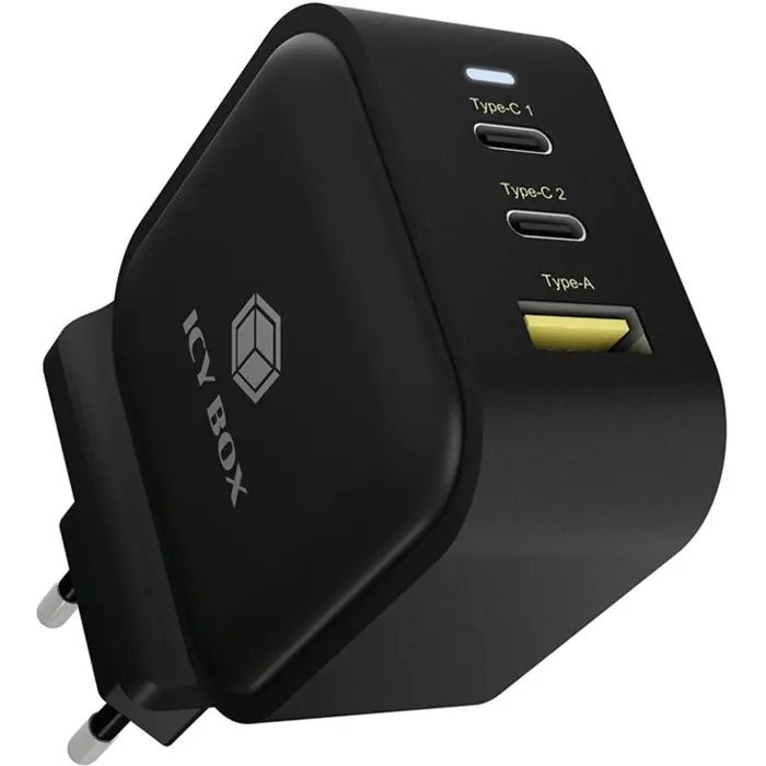 ICY BOX 3-Port Wall Charger IB-PS103-PD, USB-A + 2x USB-C black, PD 3.0 65W + QC 3.0 36W