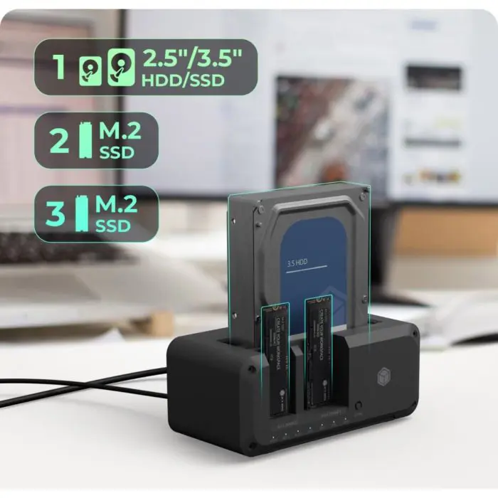 IcyBox IB-2924MSCL-C31 priklopna in klonirna postaja za M.2 NVMe SSD & 2,5/3,5 SATA SSD/HDD