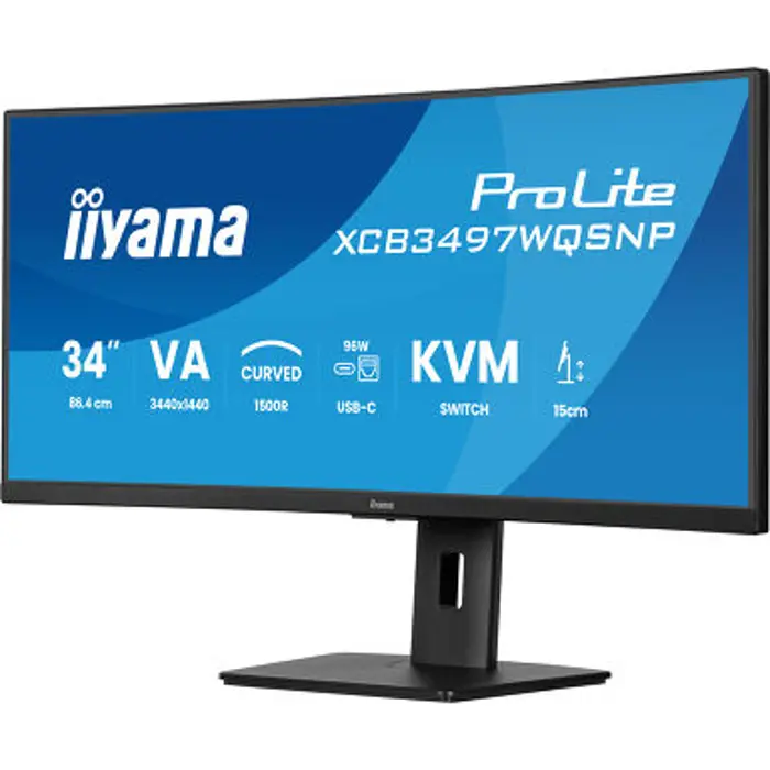 IIYAMA 34" XCB3497WQSNP-B1 UWQHD (3440×1440) curved VA, 21:9,350 cd/m2, 3000:1, HDMI x2, DP,  USB-C dock, RJ45, KVM switch, HAS 15cm, 