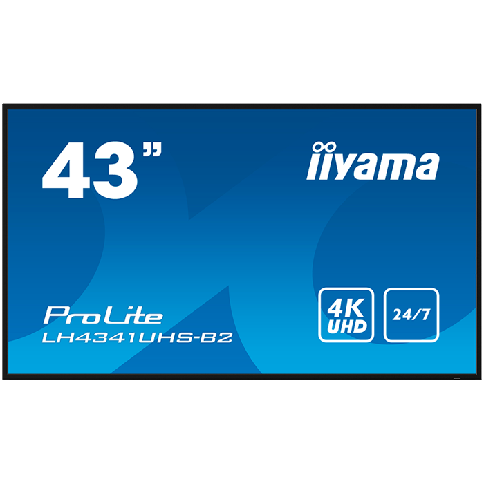 IIYAMA LFD LH4341UHS-B2 43" Professional Digital Signage display with 4K UHD resolution and 24/7 3840x2160 16:9 500cd 1200:1 8ms landscape, portrait