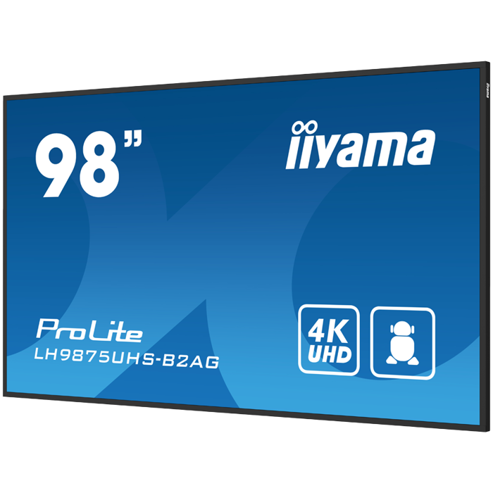 IIYAMA LFD LH9875UHS-B2AG 98" 4K UHD Professional Digital Signage display featuring Android OS, iiSignage² and OPS PC slot landscape, portrait Android 11 OS, iiSignage², FailOver, EShare