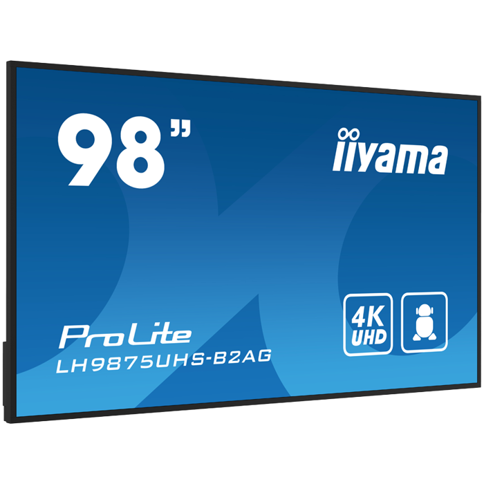 IIYAMA LFD LH9875UHS-B2AG 98" 4K UHD Professional Digital Signage display featuring Android OS, iiSignage² and OPS PC slot landscape, portrait Android 11 OS, iiSignage², FailOver, EShare