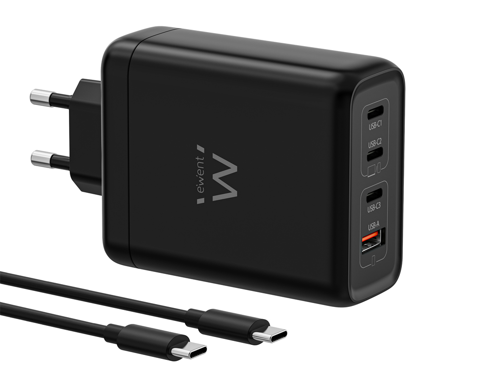 Stenski polnilec Ewent EW1337, GaN, 140W, 3x USB-C, 1x USB-A, QC 5.0, black- EW1337
