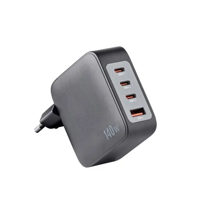 Intenso 140W GaN power supply with 3xUSB-C and 1xUSB-A connectors and included 2M 200W USB-C cable