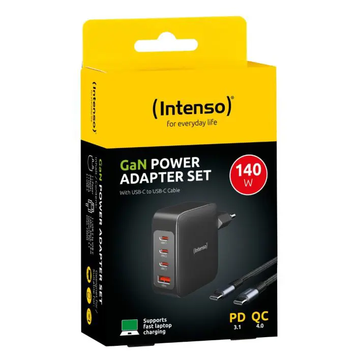 Intenso 140W GaN power supply with 3xUSB-C and 1xUSB-A connectors and included 2M 200W USB-C cable
