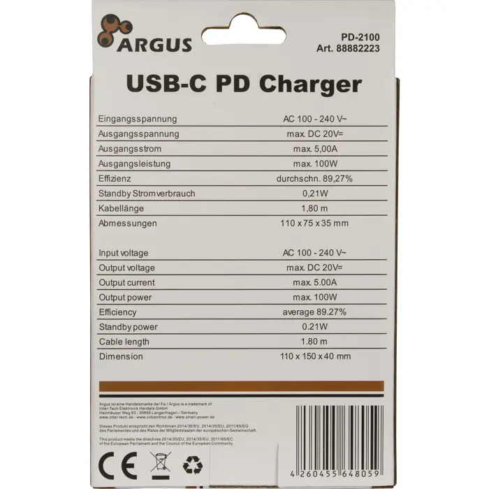 Inter-Tech Argus PD-2100 USB-C Charger, Black, 1.80m Cable, PD 3.0, 100 Watt