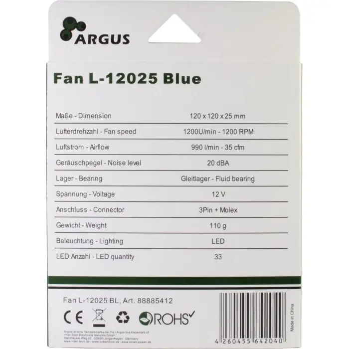 Inter-Tech L-12025 BL blue 120x120x25mm