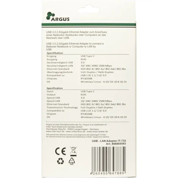 Inter-Tech USB adapter Argus IT-732, USB-C plug > RJ-45 socket (black, 10/100/1,000/2,500 Mbit/s)