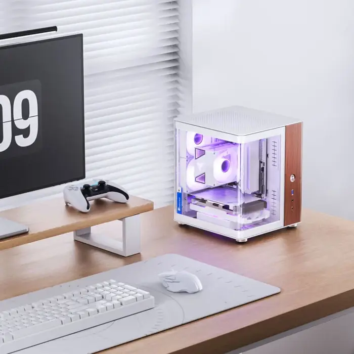 Jonsbo TK-0 PC Case, Mini-Tower, Mini-ITX, Tempered Glass, Wood - white