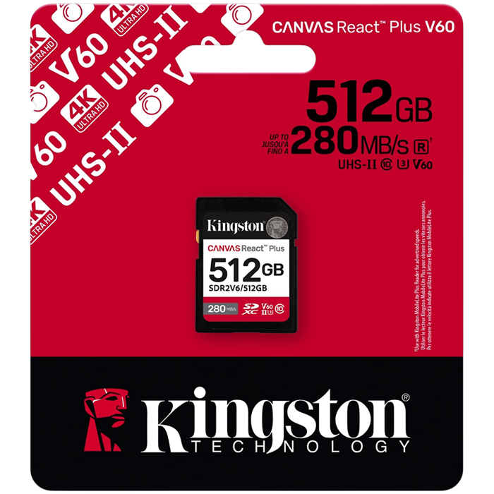 Kingston 512GB SDXC Canvas React Plus SDXC UHS-II 280R/150W U3 V60, EAN: SDR2V6/512GB