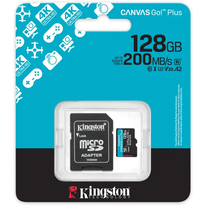 Kingston Canvas Go! Plus 128 GB microSDXC memory card, black, UHS-I U3, Class 10, V30, A2