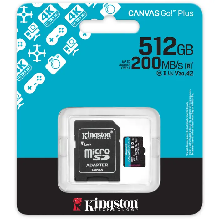 Kingston Canvas Go! Plus 512 GB microSDXC memory card, black, UHS-I U3, Class 10, V30, A2