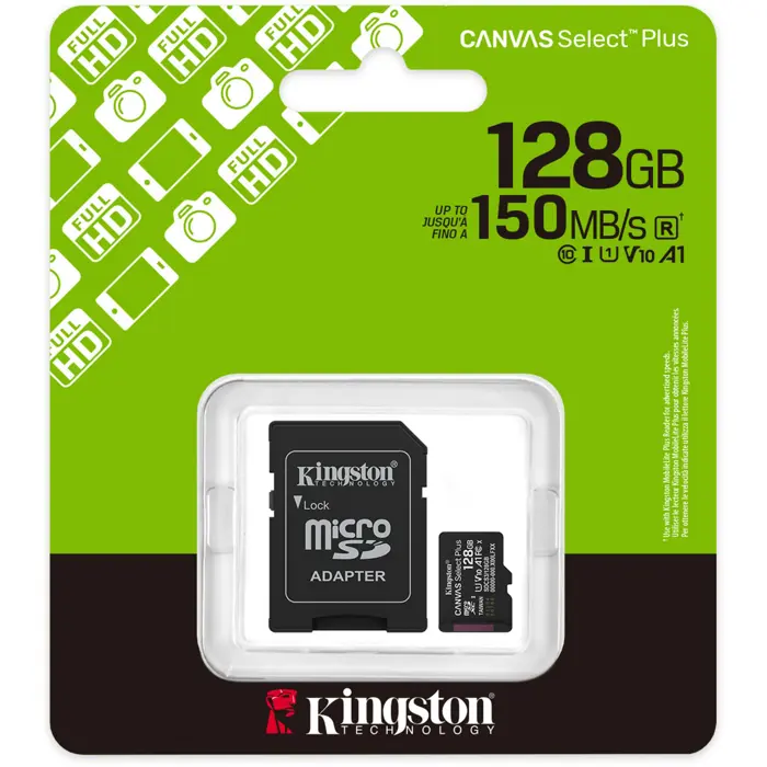 Kingston Canvas Select Plus 128 GB MicroSDXC memory card, black, UHS-I U1, Class 10, V10