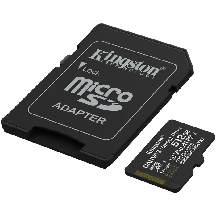 Kingston Canvas Select Plus 512 GB MicroSDXC memory card, black, UHS-I U3, Class 10, V30