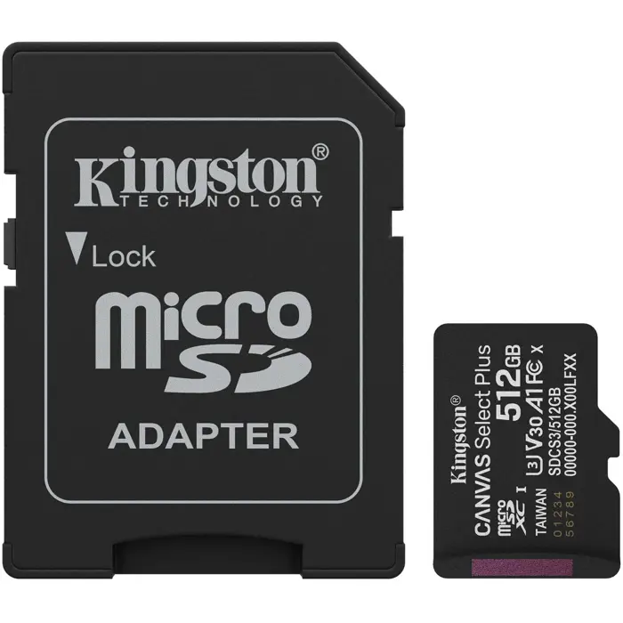 Kingston Canvas Select Plus 512 GB MicroSDXC memory card, black, UHS-I U3, Class 10, V30