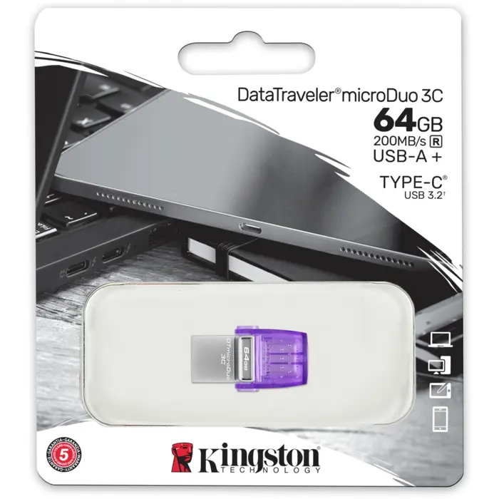 Kingston DataTraveler microDuo 3C 64 GB (purple/transparent, USB-A 3.2 Gen 1, USB-C 3.2 Gen 1)