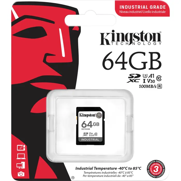 Kingston Industrial 64GB SDXC Memory Card (Black, UHS-I U3, Class 10, V30, A1)