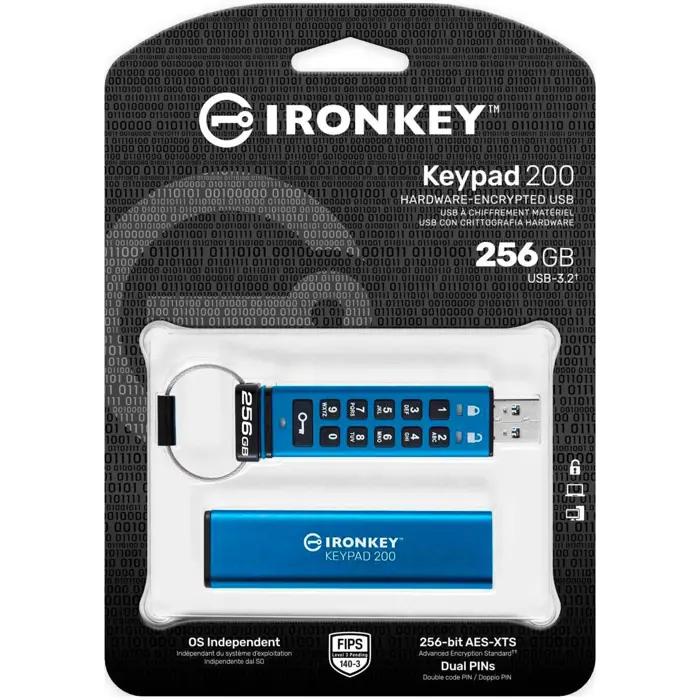 Kingston IronKey Keypad 200 256 GB USB stick (blue, USB-A 3.2 Gen 1)