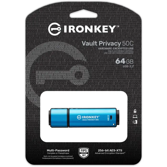 Kingston IronKey Vault Privacy 50 64 GB, USB stick (light blue/black, USB-C 3.2 Gen 1)