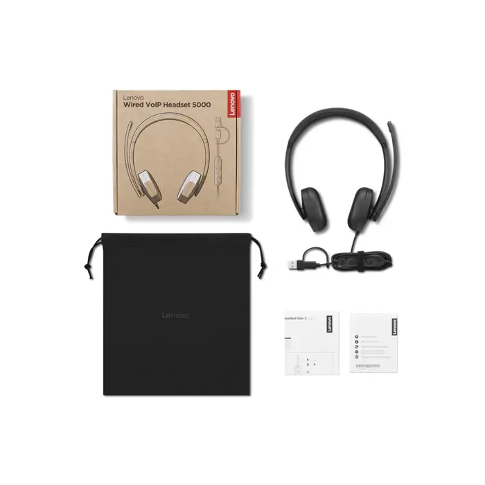 Lenovo VoIP 5000 Wired Headset w/ Mic, USB A/C, Bl