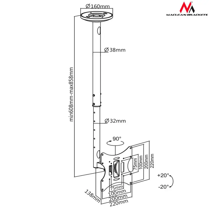 Maclean MC-504A B TV Ceiling Bracket 23-42 "50 - 85 cm 30kg Black