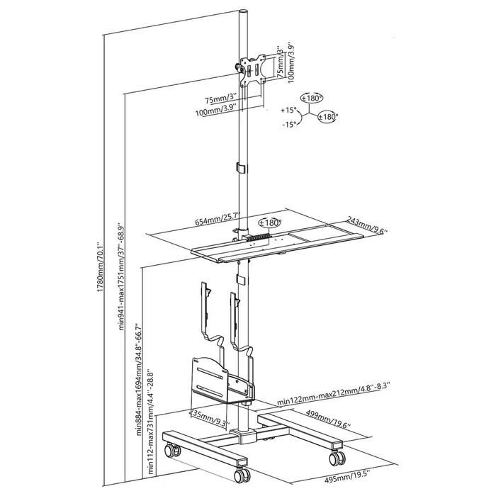 Maclean professional stand trolley, mobile computer workstation on wheels, max 17"-32", max 20kg, MC-793 W