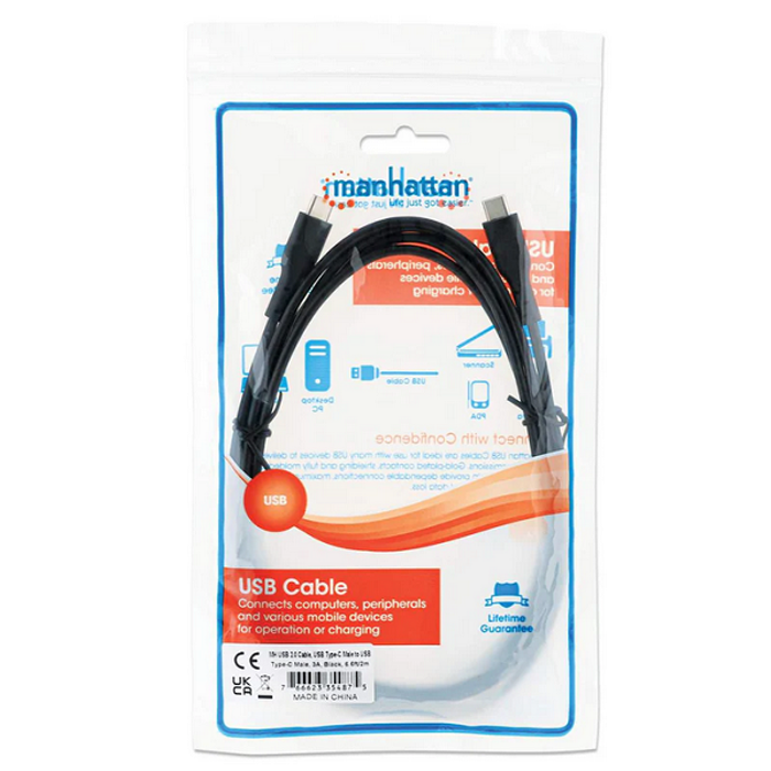 Manhattan kabel USB 2.0 Type-C, 3A, 60W, 2m, crni
