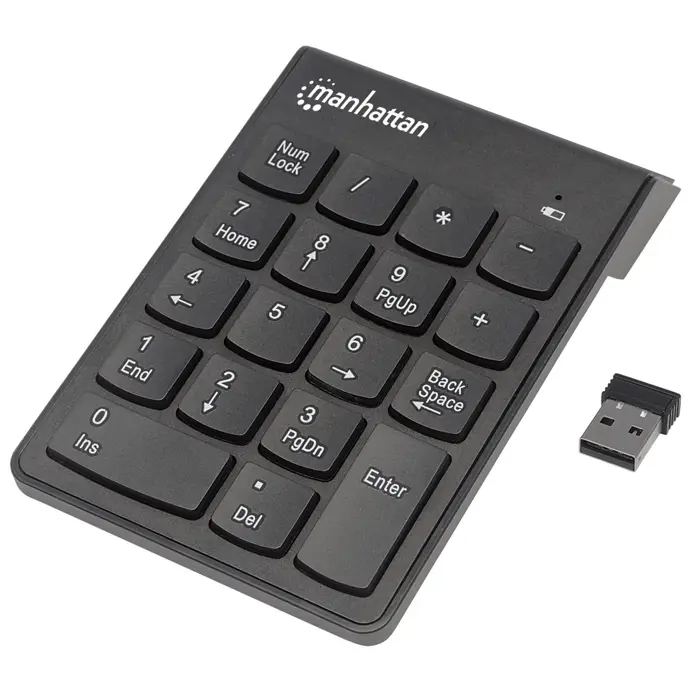 Manhattan Numeric Keypad, Wireless (2.4GHz), USB-A Micro Receiver, 18 Full Size Keys, Black, Membrane Key Switches, Auto Power Management, Range 10m, AAA Battery (included), Windows and Mac, Three Yea