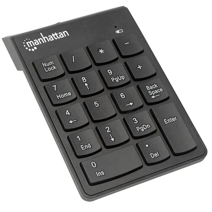Manhattan Numeric Keypad, Wireless (2.4GHz), USB-A Micro Receiver, 18 Full Size Keys, Black, Membrane Key Switches, Auto Power Management, Range 10m, AAA Battery (included), Windows and Mac, Three Yea