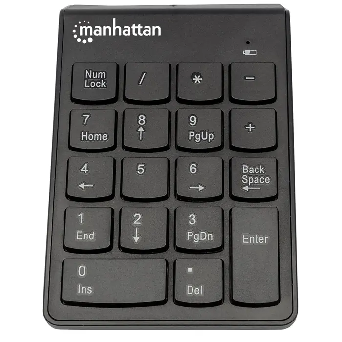 Manhattan Numeric Keypad, Wireless (2.4GHz), USB-A Micro Receiver, 18 Full Size Keys, Black, Membrane Key Switches, Auto Power Management, Range 10m, AAA Battery (included), Windows and Mac, Three Yea