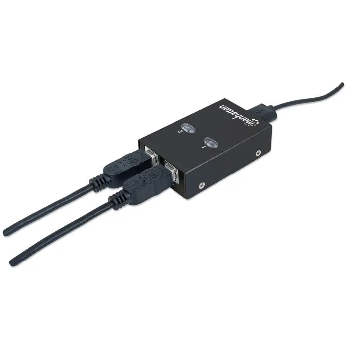 Manhattan USB-A Automatic Sharing Switch, 2x USB-B Ports, 480 Mbps (USB 2.0), Dual Control (Auto-Sensing or Manual), Bus Powered, Hi-Speed USB, inc 1x 1.5m USB-A to USB-B cable, Black, Three Year Warr