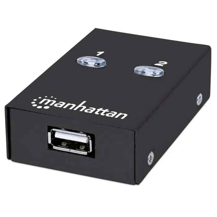 Manhattan USB-A Automatic Sharing Switch, 2x USB-B Ports, 480 Mbps (USB 2.0), Dual Control (Auto-Sensing or Manual), Bus Powered, Hi-Speed USB, inc 1x 1.5m USB-A to USB-B cable, Black, Three Year Warr