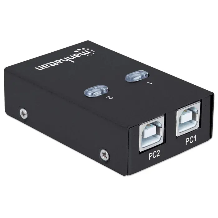Manhattan USB-A Automatic Sharing Switch, 2x USB-B Ports, 480 Mbps (USB 2.0), Dual Control (Auto-Sensing or Manual), Bus Powered, Hi-Speed USB, inc 1x 1.5m USB-A to USB-B cable, Black, Three Year Warr