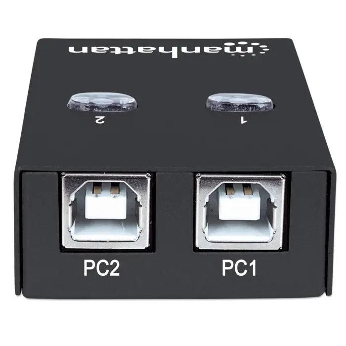 Manhattan USB-A Automatic Sharing Switch, 2x USB-B Ports, 480 Mbps (USB 2.0), Dual Control (Auto-Sensing or Manual), Bus Powered, Hi-Speed USB, inc 1x 1.5m USB-A to USB-B cable, Black, Three Year Warr