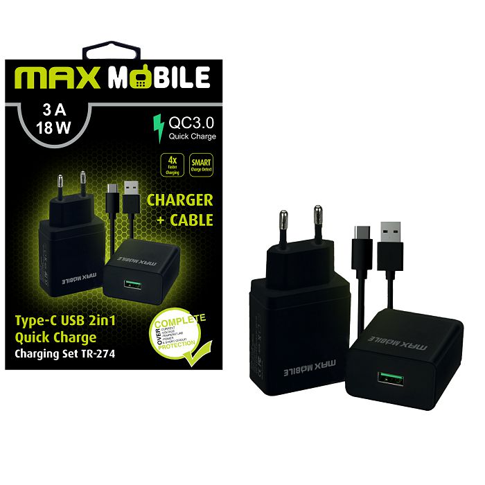 MAXMOBILE KUĆNI PUNJAČ SET 2U1 QC 3.0 QUICK CHARGE USB + TYPE-C 18W TR-274 crni