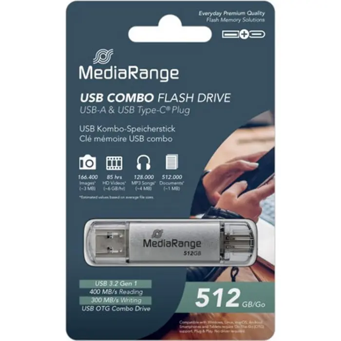 MediaRange USB 3.2 Gen 1 Combo Flash Memory Drive with USB-A and USB-C, with Protective Caps, Silver, 512GB (MR940-1)