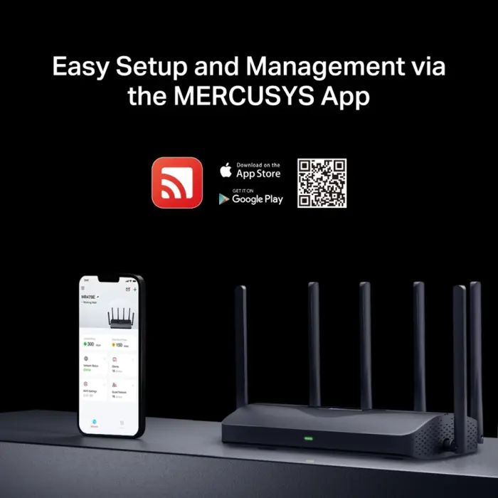 Mercusys BE9300 bežični usmjerivač (Tri-Band Wi-Fi 7 Router) 574Mbps/2880Mbps/5760Mbps (2.4GHz/5GHz/6GHz), 802.11be/ax/ac/a/b/g/n, 3×G-LAN, 1×G-WAN, 6x fiksne omni-direkcione antene 