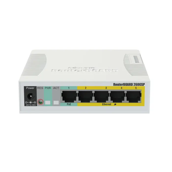 Mikrotik Cloud Smart Switch CSS106-1G-4P-1S (RB260GSP) 5-port Gigabit PoE-out smart preklopnik sa SFP cage, SwOS, plastično kućište, PSU, 53W