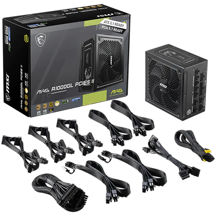 MSI MAG A1000GL PCIE5 II, 1000W, 80+ Gold, Fully modular, 135mm Vent, ATX 3.1 ready
