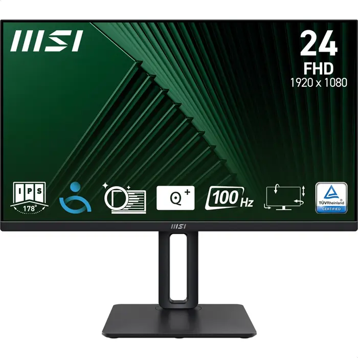MSI Pro MP245PG 24 Inch Monitor, FHD (1920 x 1080), 100Hz, IPS, 1ms, 1x HDMI 1.4b, 1x DP 1.2a output, 1x D-Sub(VGA), Built-in Speakers, Anti-Glare, Anti-Flicker, Less Blue light, TÜV Certified, VESA, 