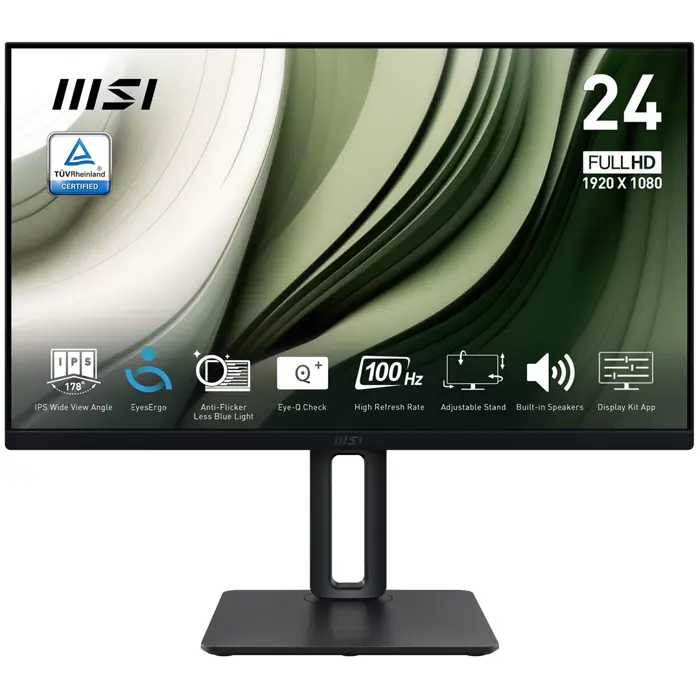 MSI Pro MP245PG 24 Inch Monitor, FHD (1920 x 1080), 100Hz, IPS, 1ms, 1x HDMI 1.4b, 1x DP 1.2a output, 1x D-Sub(VGA), Built-in Speakers, Anti-Glare, Anti-Flicker, Less Blue light, TÜV Certified, VESA, 