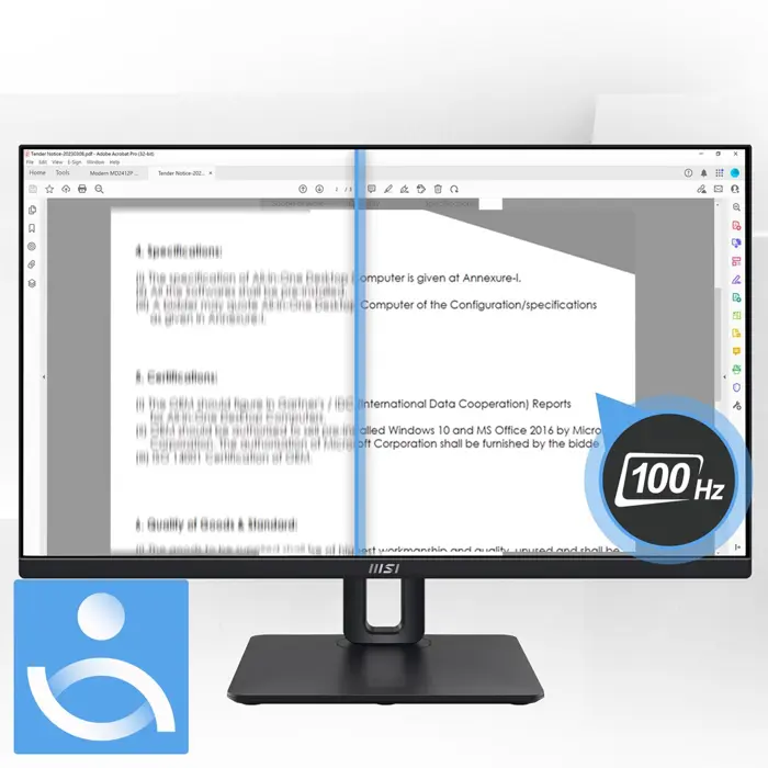 MSI Pro MP245PG 24 Inch Monitor, FHD (1920 x 1080), 100Hz, IPS, 1ms, 1x HDMI 1.4b, 1x DP 1.2a output, 1x D-Sub(VGA), Built-in Speakers, Anti-Glare, Anti-Flicker, Less Blue light, TÜV Certified, VESA, 