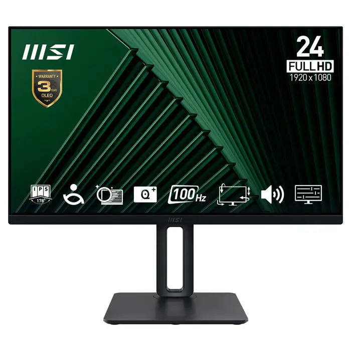 MSI Pro MP245PG 24 Inch Monitor, FHD (1920 x 1080), 100Hz, IPS, 1ms, 1x HDMI 1.4b, 1x DP 1.2a output, 1x D-Sub(VGA), Built-in Speakers, Anti-Glare, Anti-Flicker, Less Blue light, TÜV Certified, VESA, 