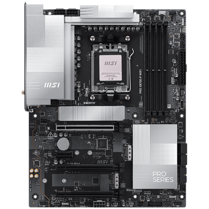 MSI PRO X870E-P WIFI, ATX, Socket AM5, 4x DDR5 Dual Channel DDR5 up to 8200(OC)MHz, 3x PCIe x16 slot, 3x M.2 slot, 4x USB 2.0, 2x USB 5Gbps, 2x USB 10Gbps, 1x 20Gbps Type-C, 1x 40Gbps Type-C, HDMI, 7.
