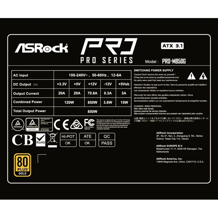 Napajanje Asrock PRO-M850G 850W 80 PLUS Gold