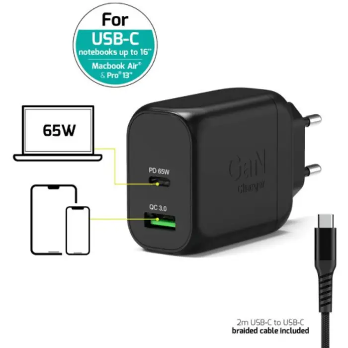 Port zidni punjač 65W type C GaN2 + USB-C kabel 2m