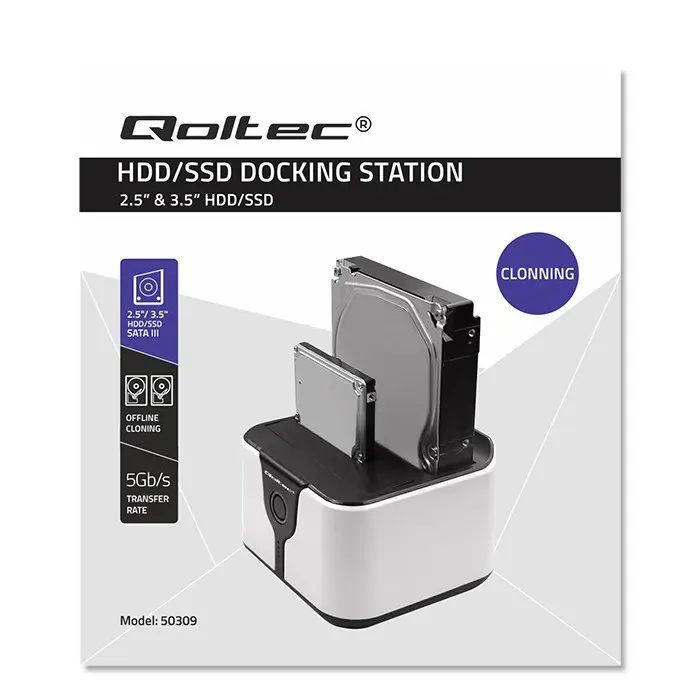 Qoltec 50309 HDD SSD 2.5" 3.5" docking station | SATA III | USB 3.0 | Super speed 5Gb/s | with Clonning function