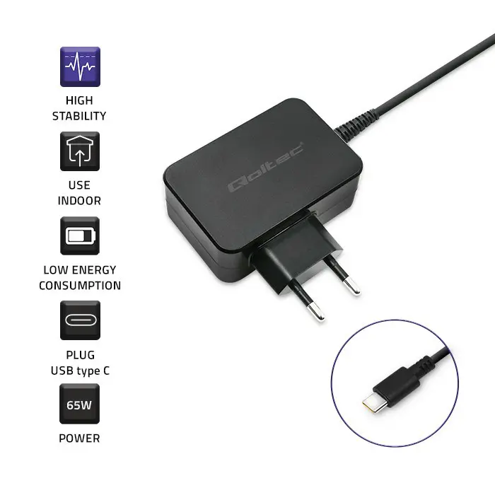 Qoltec 51024 Charger | 65W | 5-20V | 3-3.25A | USB type C | PD | Black