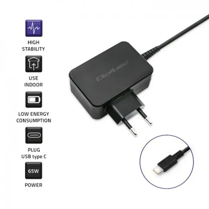 Qoltec 51024 Charger | 65W | 5-20V | 3-3.25A | USB type C | PD | Black